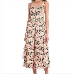 NWT Agua Bendita Hortensia Dos Gardenias Midi Dress Pink Floral Print Small
